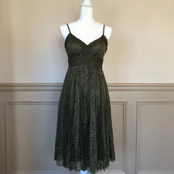 Sue Wong Olive Green Floral Crochet Lace Midi Dress Pleated 2 Formal - Picture 2 of 8